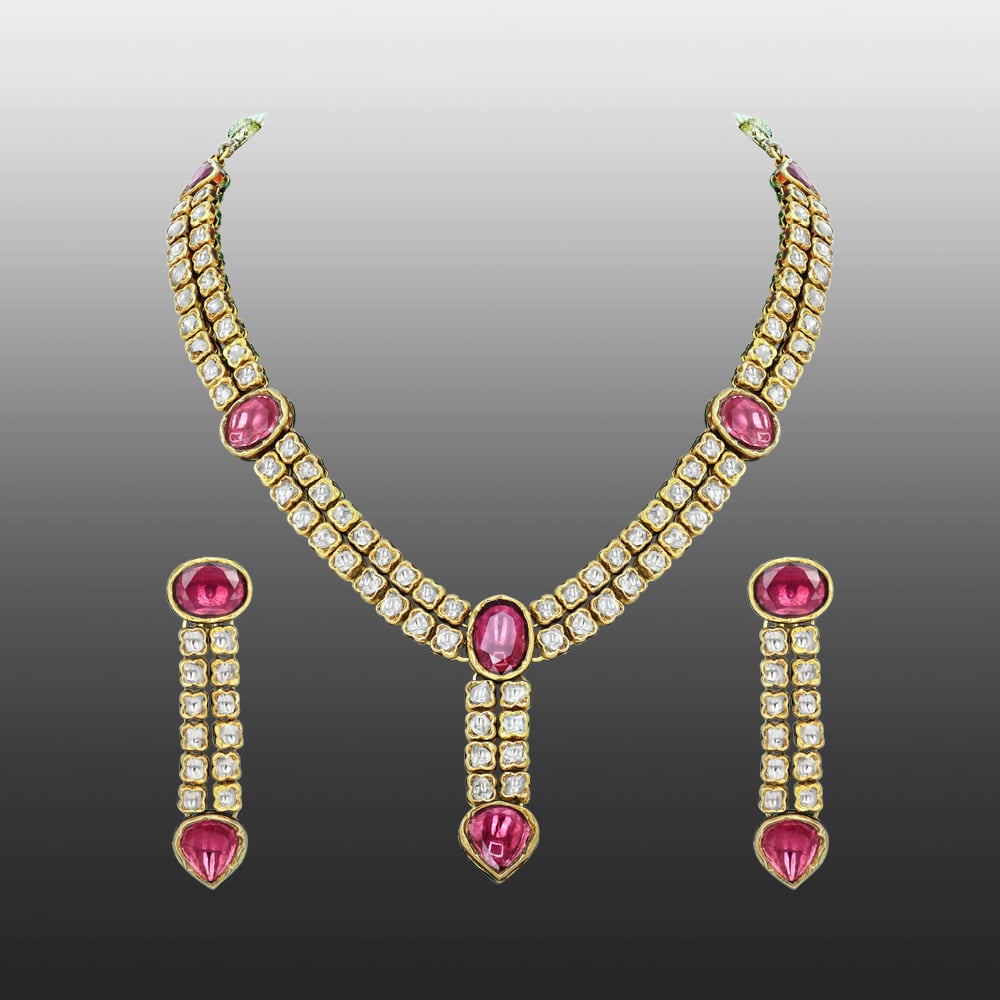 Polki Diamond Necklace Set with Deep Pink Gemstones and Drop